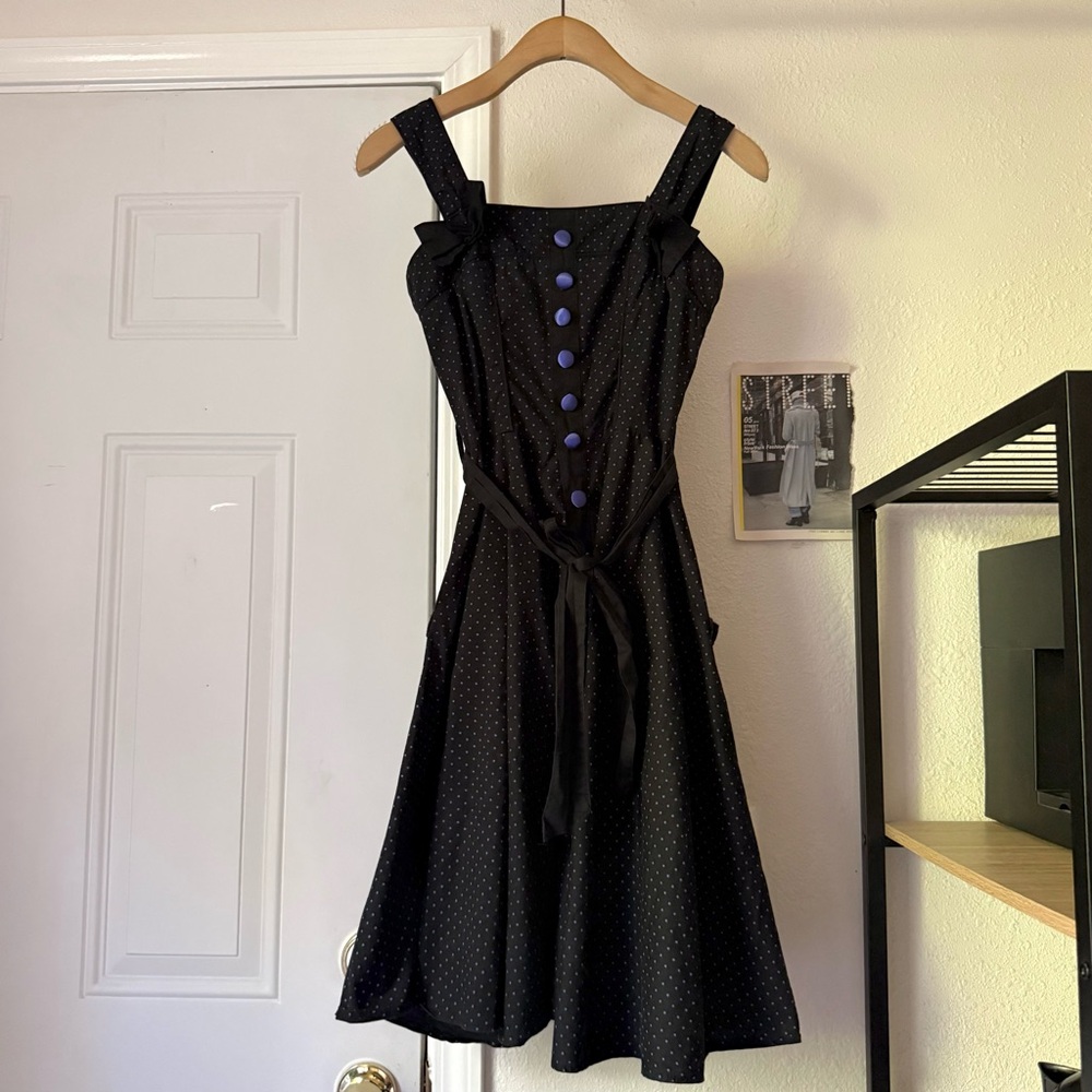 Hell Bunny Black Polka Dot Mini Dress with Purple Buttons